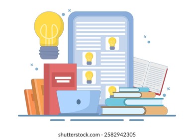 Online education concept on computer or laptop with open book, Online education or business training. Online learning. Webinar, online business training, e-learning education. Flat vector illustration