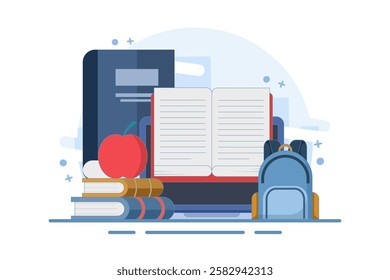 Online education concept on computer or laptop with open book, Online education or business training. Online learning. Webinar, online business training, e-learning education. Flat vector illustration