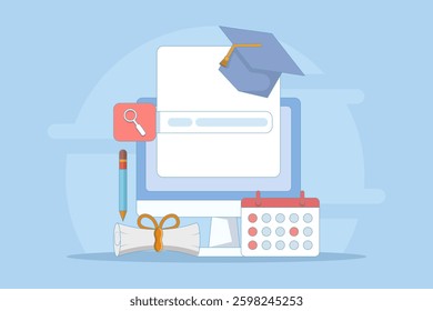 Online Education Concept on E-learning Application Website Internet Class Webinar Digital Class Online Tutorial. video about application learning, education platform, watch webinar. flat illustration.