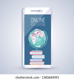 Online education concept on smartphone screen with globe and books. Online library