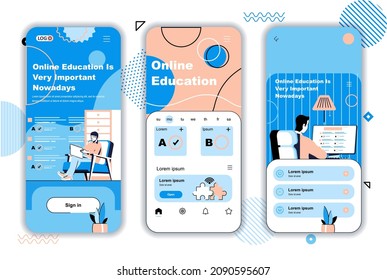 Online education concept onboarding screens for mobile app templates. Video courses, e-learning, distance study. UI, UX, GUI user interface kit with people scenes for web design. Vector illustration