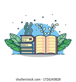 Online education concept with an open book. Back to school, books, education and research concept. College and university. Vector book with plant in the background. Suitable for web landing page.