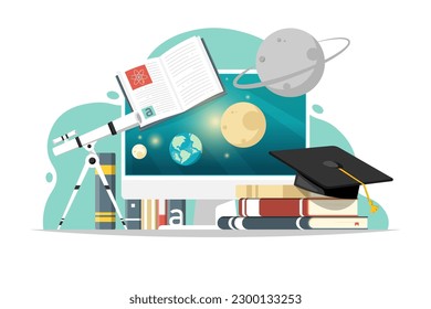 Online education concept, Open book with planet over computer, telescope, degree cap on isolated background, Digital marketing illustration.