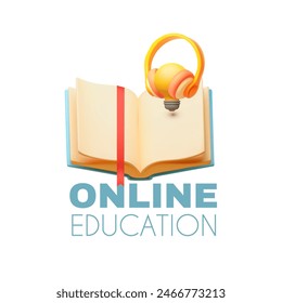 Online Education concept. Open book with headphones and ide light bulb sign. Academic achievements