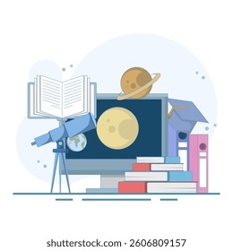 Online education concept, Open book with planets above computer, telescope, degree limits, digital marketing. Flat illustration on isolated background.
