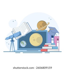 Online education concept, Open book with planets above computer, telescope, degree limits, digital marketing. Flat illustration on isolated background.