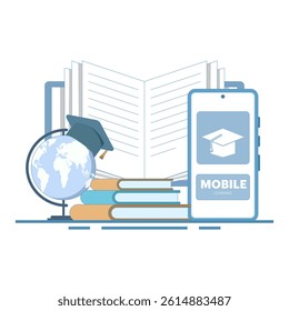 Online education concept, Open book with smartphone, World map webinar, Online business training, E-learning concept, Digital marketing. Flat cartoon design illustration on isolated background.