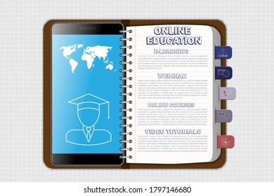 Online education concept. Open notebook and mobile phone. Distance education, online courses, e-learning. Vector illustration.