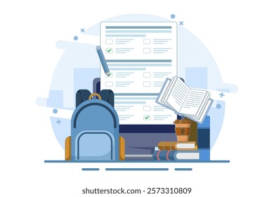 Online education concept, PC Computer with homework paper, pencil, books, school bag on isolated background, digital marketing. flat vector illustration on background.