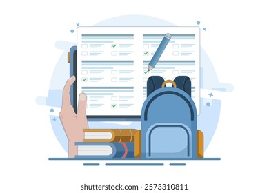 Online education concept, PC Computer with homework paper, pencil, books, school bag on isolated background, digital marketing. flat vector illustration on background.