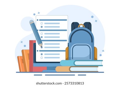 Online education concept, PC Computer with homework paper, pencil, books, school bag on isolated background, digital marketing. flat vector illustration on background.