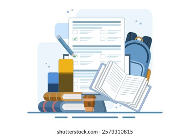 Online education concept, PC Computer with homework paper, pencil, books, school bag on isolated background, digital marketing. flat vector illustration on background.