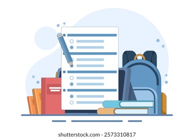 Online education concept, PC Computer with homework paper, pencil, books, school bag on isolated background, digital marketing. flat vector illustration on background.