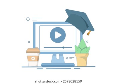 Online education concept, PC computer with cactus and coffee, digital marketing. Gaining knowledge to achieve success and better ideas. Flat design illustration on isolated background.