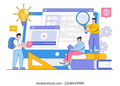 Online education concept with people characters. E-learning platform, online school advertising, learning process. Outline design style minimal vector illustration for landing page.