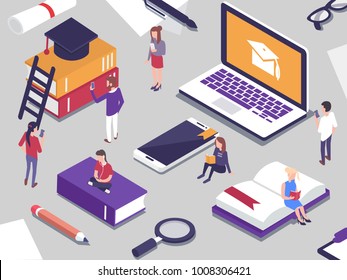 Online education concept with people.  Different students study together. Flat  isometric vector illustration.