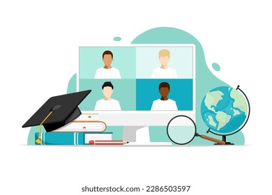 Online education concept, People group on screen computer with world map, book, magnifying glass, degree cap on isolated background, Digital marketing illustration.