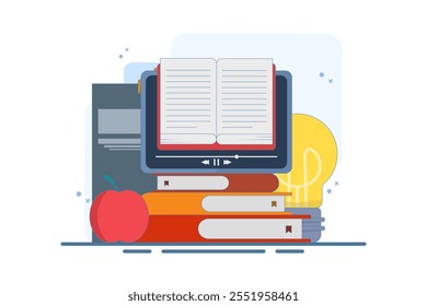 Online education concept, A person gains knowledge to achieve success and better ideas. Online education or business training. Device with open book, light bulb, apple, Flat vector illustration.