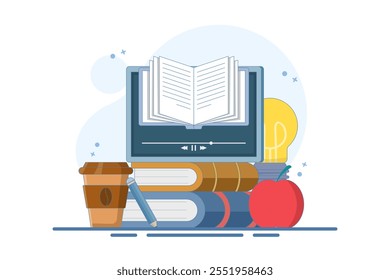 Online education concept, A person gains knowledge to achieve success and better ideas. Online education or business training. Device with open book, light bulb, apple, Flat vector illustration.