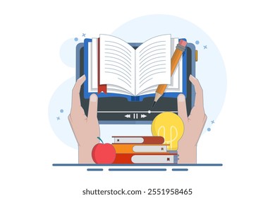 Online education concept, A person gains knowledge to achieve success and better ideas. Online education or business training. Device with open book, light bulb, apple, Flat vector illustration.