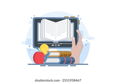 Online education concept, A person gains knowledge to achieve success and better ideas. Online education or business training. Device with open book, light bulb, apple, Flat vector illustration.