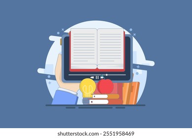 Online education concept, A person gains knowledge to achieve success and better ideas. Online education or business training. Device with open book, light bulb, apple, Flat vector illustration.