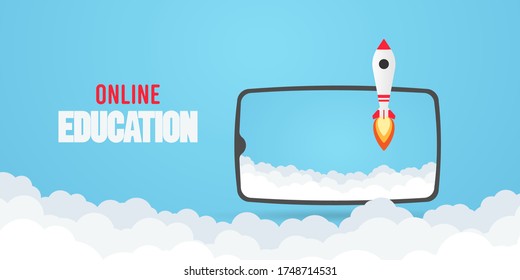 Online education concept. Phone with rocket. Vector illustration