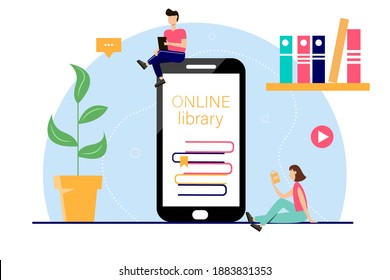 Online education concept. Phone screen with books and characters. Vector illustration for applications, online libraries, popularization of reading, online education, courses.