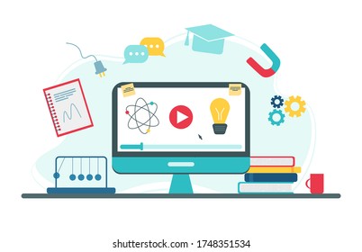 Online education concept. Physics school subject online education service or platform.  Vector illustration in flat style