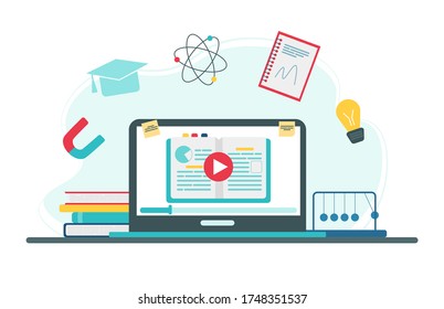 Concepto de educación en línea. Servicio o plataforma de educación en línea para asignaturas de física. Ilustración vectorial en estilo plano
