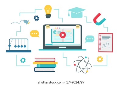 Online education concept. Physics school subject online education service or platform. Vector illustration in flat style