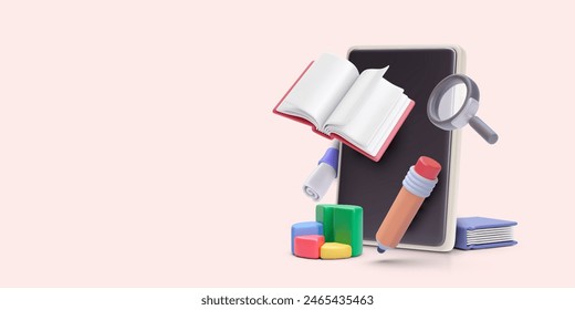 Online education concept poster in 3d realistic style with phone, diagram, magnifying, book. Vector illustration