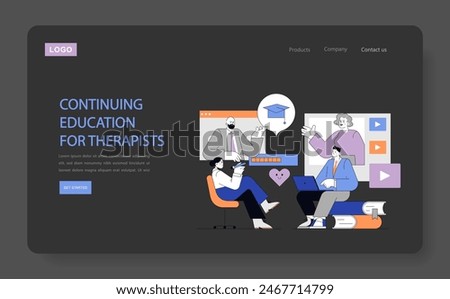 Online Education concept. Professionals enhance skills through web-based learning for therapy. Lifelong learning, e-learning platform, virtual classroom. Vector illustration.