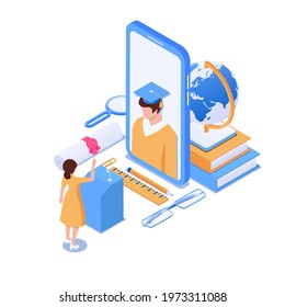 Online education concept. Remote learning using a smartphone. Distant education for everyone, online learning, internet courses. Vector illustration in isometric style. Isolated on white background.