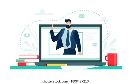 Online education concept. Remote education. Master Class. Vector illustration in cartoon flat style.