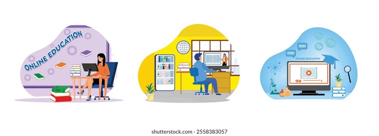 Online Education Concept. Online Remote Work in a Home Office Setting. Digital and Scientific Elements. Set flat vector modern illustration 