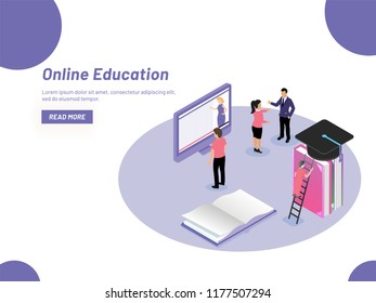 Concepto de educación en línea, página de inicio receptiva, niño preparándose a través de clases electrónicas, discusión del profesor al estudiante, diseño isométrico para el E-Learning.