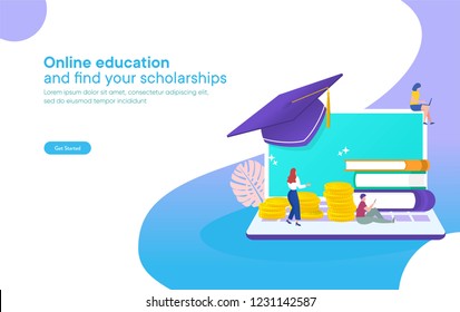 online education concept, online scholarships concept vector illustration, group of people on stack of money and book, can use for, landing page, template, ui, web, mobile app, poster, banner, flyer