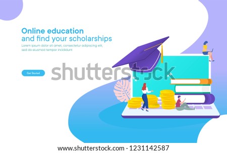 online education concept, online scholarships concept vector illustration, group of people on stack of money and book, can use for, landing page, template, ui, web, mobile app, poster, banner, flyer