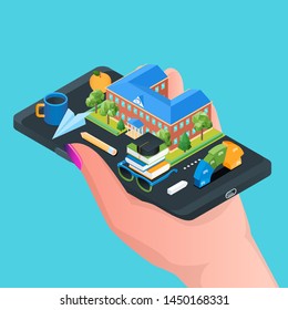 Online education concept. School building surrounded with layout of school stationery. Isometric vector illustration