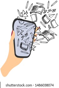 Online education concept. School inside a phone. Hand drawn vector illustration