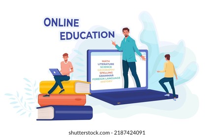 Online education concept. Online school. Student on the giant pile of books with a laptop. Puple and a teacher. School subjects. Tutor.