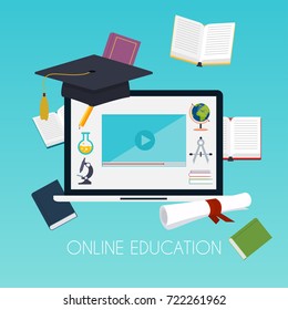 Online education concept. Science concept with book computer and studying icons. 
E-learning. Flat design modern vector illustration concept.