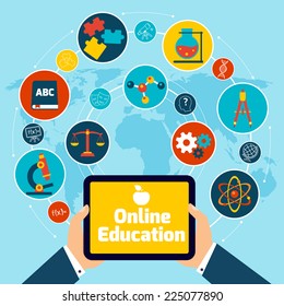 Online education concept with science icons human hand holding mobile tablet vector illustration.