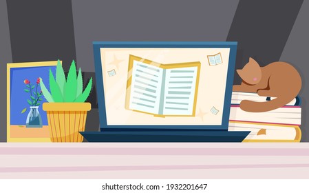 Online education concept, screen with book, cat. Vector illustration in flat style