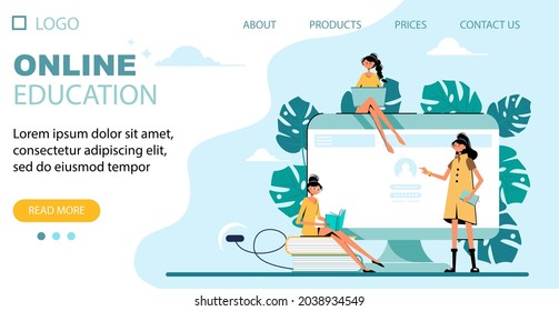 Online education concept, screen with login password, books and leaves. Landing page template. Beautiful women characters. Vector illustration in flat style.