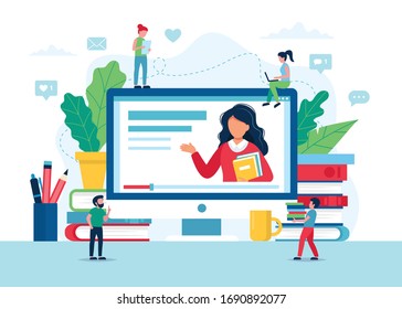 Online education concept, screen with teacher, books and pencils. Small people characters. Vector illustration in flat style