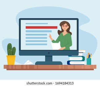 Online education concept, screen with teacher, books and pencils. Student desktop. Study at home. Vector illustration in flat style