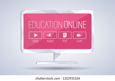 Online education concept with screen and video, audio, chat icons on gray background. Training courses, e-learning, distance learning.