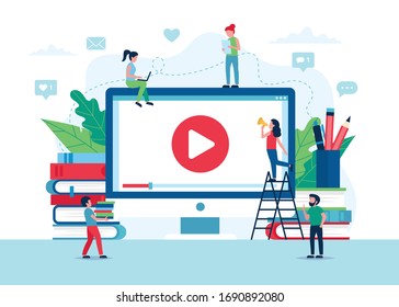 Online education concept, screen with video, books and pencils. Small people characters. Vector illustration in flat style